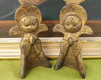 Paire d'anges dorés avec des halos vintage - Adorables années 60 - Fabriqué en Italie - Figurines de Noël