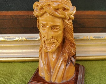 Statue vintage de Jésus-Christ - Buste en bois sculpté - Figurine en bois - Couronne d'épines