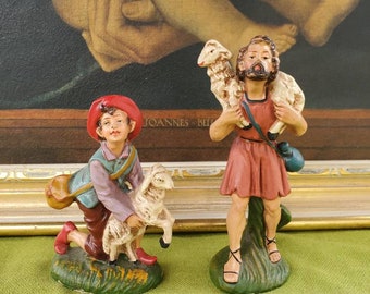 Vintage Nativity Shepherds - Italian - Paper Mache - Pair - Christmas Decor - Lambs