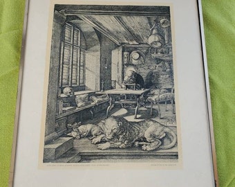 Art religieux vintage - Saint Jérôme dans son étude - Albrecht Durer - Ex-libris - Gravure imprimée