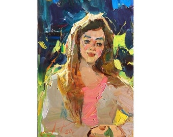 May include: A painting of a woman with long brown hair wearing a pink shirt and a beige jacket. The background is a blur of blue, green, and yellow.