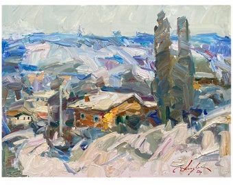 Dipinto originale, paesaggio invernale, arte ucraina, arte impressionista, pittura invernale, arredamento per la casa, pittura sulla neve, regalo, arte murale