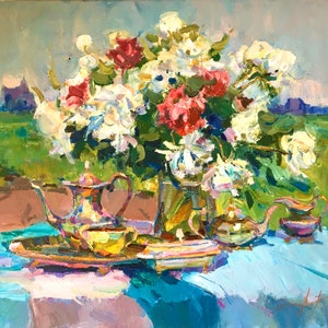 Pintura floral, arte ucraniano, pintura original, arte impresionista, naturaleza muerta de flores, decoración de pared, obra de arte de tulipanes, pintura ucraniana, regalo