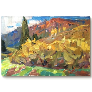 Impressionist art, Original painting, Ukrainian art, Rural landscape, Small painting, Mountains, Wall art decor, Farmhouse decor, gift