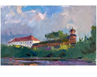 Impressionist Castle Painting, Original Summer Sky Landscape, 10x15.6