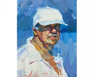 Impressionist Man Portrait Painting: Original Oil on Hardboard, 11.8x7.9