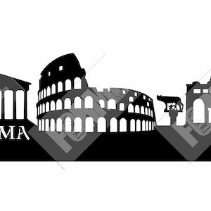 Può includere: Silhouette in bianco e nero dello skyline di Roma, con il Colosseo, il Pantheon e la parola "ROMA" in primo piano.