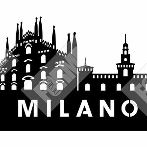 May include: Black and white silhouette of the Milan skyline, featuring the Duomo, the Castello Sforzesco, and other iconic landmarks. The word "MILANO" is written in white below the skyline.