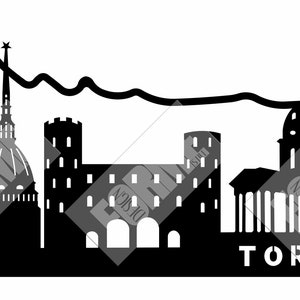 Turin Skyline vector, silhouette, Svg, Dxf, Eps, Cdr, Skyline Clipart, European cities clip art for laser cutting, cutter, plex, metal.