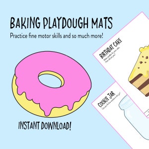 May include: A set of printable playdough mats featuring a doughnut, a birthday cake, and a cookie jar. The mats are designed to help children practise fine motor skills. The text on the mats reads "Birthday Cake: Make candles for your cake. How old are you?" and "Cookie Jar: Can you fit five cookies in this jar?"
