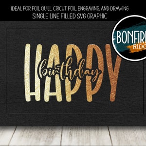 Może przedstawiać: Złoty brokatowy tekst "Happy Birthday" na czarnym tle z napisem "Bonfire Ridge" w kółku.