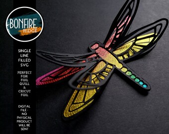 May include: A single line filled SVG design of a dragonfly with a rainbow color scheme. The dragonfly is cut out in a black silhouette with a yellow, red, and green gradient fill.