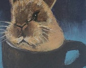 Digital print of acrylic painting bunny in coffee cup animal pal woodland creature 4x4inches ready to hang mounted on wood panel