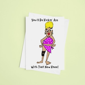 New Knee Joint Funny Greeting Card - 5" X 7" Original Cartoon Artwork - Customizable - Congratulations Knee Replacement - New Knee For Her