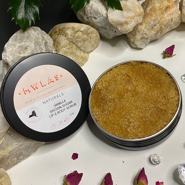 Vanilla Brown Sugar Lip & Body Scrub | 2oz/60ml tin | Exfoliating Natural Non-Toxic Brown Sugar Vanilla Scrub Aromatherapy Christmas Gift