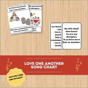 Könnte beinhalten: Ein Song-Chart mit dem Text "Love One Another" in Weiß auf einem roten Banner. Die Chart enthält Illustrationen und Text aus der Bibel. Die Chart ist für die Verwendung mit oder ohne Bilder konzipiert.