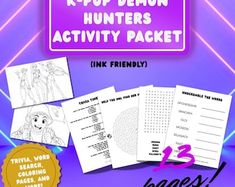 K-POP Activity Packet | Demon Hunter Birthday Games | Party Decor | Huntr/x, Rumi, Mira, Zoey | Saja Boys | Party Favors Activities for Teen