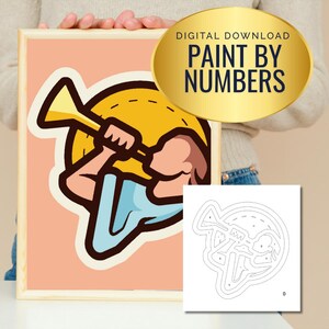 May include: A framed paint-by-numbers kit featuring a cartoon illustration of a person playing a golden trumpet. The image has a peach background with a white outline of the illustration. The words "DIGITAL DOWNLOAD" and "PAINT BY NUMBERS" are in a gold oval.