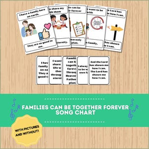 Könnte beinhalten: Ein Song-Chart mit dem Titel "Familien können für immer zusammen sein" mit Illustrationen und Text. Die Chart enthält Karten mit familienbezogenen Bildern und Sätzen wie "Ich habe hier auf Erden eine Familie".