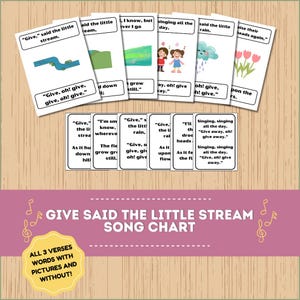 Könnte beinhalten: Ein farbenfrohes Diagramm mit Bildern und Text für das Lied "Give, said the little stream". Das Diagramm enthält die Texte für jede Strophe des Liedes sowie Illustrationen eines Baches, von Blumen, Regen und einem singenden Mädchen.