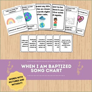 Peut inclure: Un tableau coloré avec des images et des mots sur le baptême. Le tableau comprend des phrases comme "J'aime chercher les arcs-en-ciel" et "Je veux que ma vie soit aussi propre que la terre juste après la pluie".