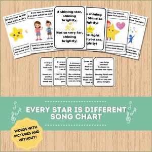 Könnte beinhalten: Ein farbenfrohes Diagramm mit Illustrationen und Text für ein Kinderlied namens "Every Star is Different". Das Diagramm enthält Sätze wie "Every star is different and so is every child" und "A shining star, shining brightly".