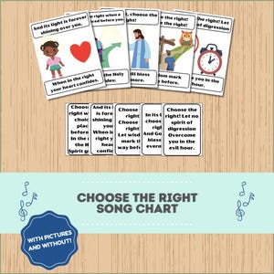 Könnte beinhalten: Eine Sammlung weißer Karten mit religiösen Illustrationen und Texten. Die Karten zeigen Bilder von einem Herzen, Jesus, einer Eule und einer Uhr. Der Satz "Choose the Right Song Chart" wird darunter mit Noten angezeigt.