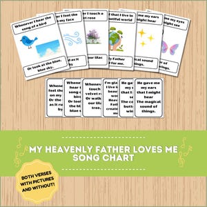 Op de afbeelding: Een songtekstkaart met de titel "My Heavenly Father Loves Me" toont geïllustreerde kaarten met songteksten. De kaarten tonen een blauwe vogel, lucht, wind, een boom, de aarde, sterren en vlinders. De kaart bevat beide verzen met en zonder afbeeldingen.