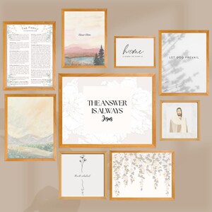 May include: A collection of framed art prints with various designs and inspirational quotes. The frames are a warm wood tone. The prints feature watercolor landscapes, floral designs, and text such as "The Answer is Always Jesus" and "Home is Where the Heart is."