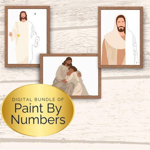 Op de afbeelding: Digitale bundel van schilderen-op-nummer kunstprints met religieuze figuren. De prints zijn ingelijst in bruin en tonen Jezus in verschillende poses, waaronder een omhelzing. De tekst "DIGITAL BUNDLE OF Paint By Numbers" staat op een gouden ovaal.