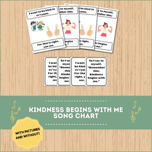 Könnte beinhalten: Ein Song-Chart mit dem Titel "Kindness Begins With Me" mit Illustrationen und Text. Die Chart enthält Karten mit Sätzen wie "Ich möchte zu jedem nett sein" und "Denke daran: Freundlichkeit beginnt bei mir."
