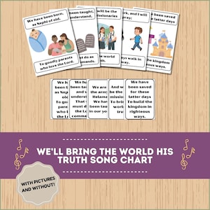 Puede incluir: Un gráfico de canciones con ilustraciones y texto. El gráfico incluye múltiples tarjetas con frases como "Hemos nacido" y "Llevaremos al mundo su verdad". La pancarta inferior dice "Llevaremos al mundo su gráfico de canciones de la verdad".