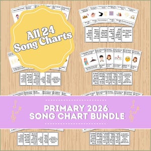 Może przedstawiać: Zestaw kart z piosenkami z tekstem "All 24 Song Charts" w żółtym kształcie. Karty są ułożone na drewnianej powierzchni. Na fioletowym banerze widnieje napis "PRIMARY 2026 SONG CHART BUNDLE".