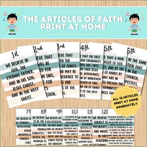Könnte beinhalten: Ein Satz von 13 Glaubensartikeln, die auf einzelnen Karten gedruckt sind. Jede Karte hat Text in fetter, schwarzer Schrift auf cremefarbenem Hintergrund. Der Titel "The Articles of Faith" steht oben, darunter "Print at Home".