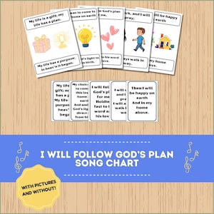 Puede incluir: Un gráfico de canciones titulado "Seguiré el plan de Dios" con y sin imágenes. El gráfico incluye tarjetas ilustradas con frases como "Mi vida es un regalo" y "Entonces seré feliz en la tierra."
