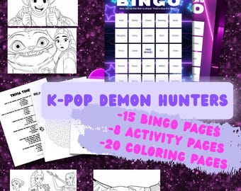 K-POP BINGO Bundle | Coloring, Word Search | Demon Hunter Birthday Game | Huntr/x, Rumi | Saja Boys | Party Favors Activities for Teen