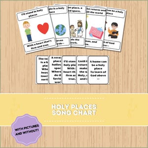 Può includere: Un grafico di canzoni intitolato "Holy Places" con illustrazioni e testo. Il grafico include carte con immagini di un cuore, un globo, Gesù e un bambino che legge. Il testo include frasi come "I'll stand in holy places" e "With a heart that's firm and true."