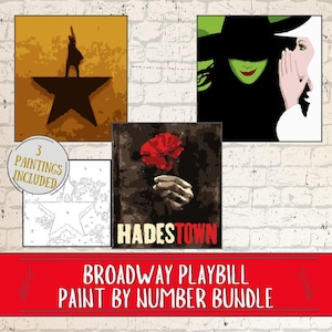 May include: A Broadway Playbill Paint by Number Bundle with three paintings. The images include a silhouette on a star, a green-skinned witch, and a hand holding a red flower. The text "HADES TOWN" is visible.