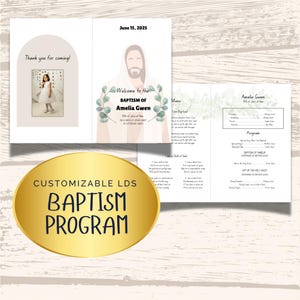 May include: A customizable LDS baptism program with a gold oval design. The program includes the text "Baptism of Amelia Gwen" and "June 15, 2025". The program also includes a photo of a young girl in a white dress.