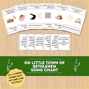 May include: A printable song chart for the Christmas carol "Oh Little Town of Bethlehem". The chart includes all three verses of the song with pictures and words. The pictures include a town, stars, angels, and a manger.