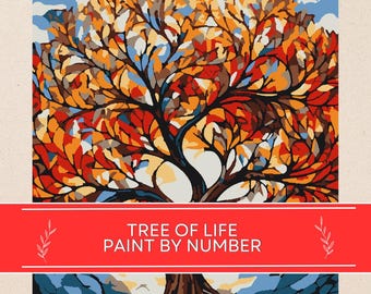 Peinture par numéro d'arbre de vie | Peinture nature | Couleurs d'automne en chiffres | Bricolage pour adultes et enfants | Loisirs détente | Style de vitrail