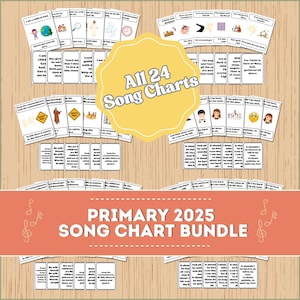 Może przedstawiać: Zestaw 24 drukowanych kart z piosenkami dla dzieci ze szkoły podstawowej. Karty zawierają kolorowe ilustracje i teksty popularnych piosenek dla dzieci ze szkoły podstawowej. Na obrazku widnieje tytuł "All 24 Song Charts" i "Primary 2025 Song Chart Bundle".