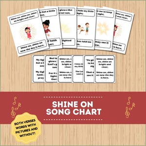 Könnte beinhalten: Ein farbenfrohes Diagramm mit Illustrationen und Texten für das Kinderlied "Shine On". Das Diagramm enthält Sätze wie "Shine on, shine on, bright and clear" und "Shine on, shine on, now the day is here".