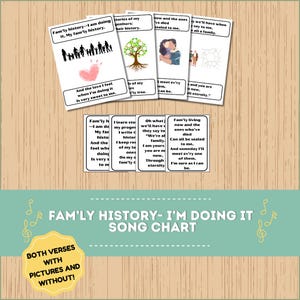 May include: A colorful chart with pictures and lyrics for a song called "Fam'ly History - I'm Doing It". The song is about family history and the importance of remembering loved ones.