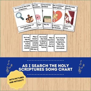 May include: A song chart titled "As I Search the Holy Scriptures" with illustrated cards. The cards feature images and text, including a magnifying glass, family, brain, calendar, broken heart, and Jesus. The chart has a blue banner with musical notes.
