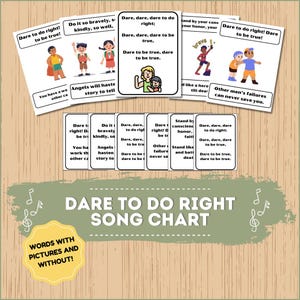 Könnte beinhalten: Ein farbenfrohes Diagramm mit Illustrationen und Text für das Lied "Dare to do right!" Das Diagramm enthält Texte wie "Dare to do right, dare to be true" und "Stand by conscience, honor, faith".