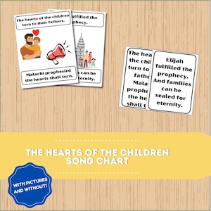 Può includere: Un grafico di canzoni intitolato "The Hearts of the Children" con illustrazioni e testo. Il grafico include immagini di un padre e un bambino, un megafono e una famiglia. Il testo include frasi come "Malachia profetizzò" e "le famiglie possono essere suggellate per l'eternità."