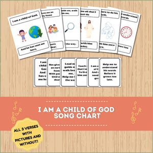 Peut inclure: Un tableau coloré avec des images et du texte pour la chanson "Je suis un enfant de Dieu". Le tableau comprend des couplets avec des paroles et des illustrations. Le titre du tableau est "Je suis un enfant de Dieu Tableau de la chanson".