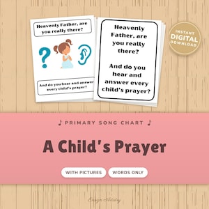 Może przedstawiać: Dwie białe karty z tekstem Heavenly Father, are you really there? And do you hear and answer every child's prayer? Jedna karta zawiera rysunek dziecka ze znakiem zapytania i ikoną ucha. Tytuł brzmi A Child's Prayer.