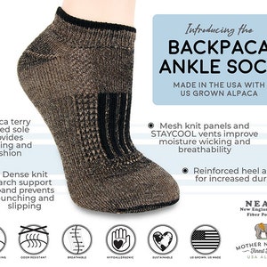 May include: A brown and black alpaca ankle sock with mesh knit panels and STAYCOOL vents. The sock is made in the USA with US grown alpaca. The sock features a reinforced heel and toe for increased durability. The sock is moisture wicking, odor resistant, breathable, hypoallergenic, and sustainable.